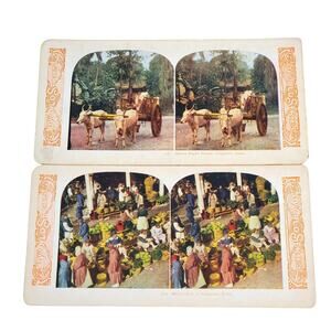 Antique World Series Color Stereoview Lot of 2 Market Day in Singapore India
